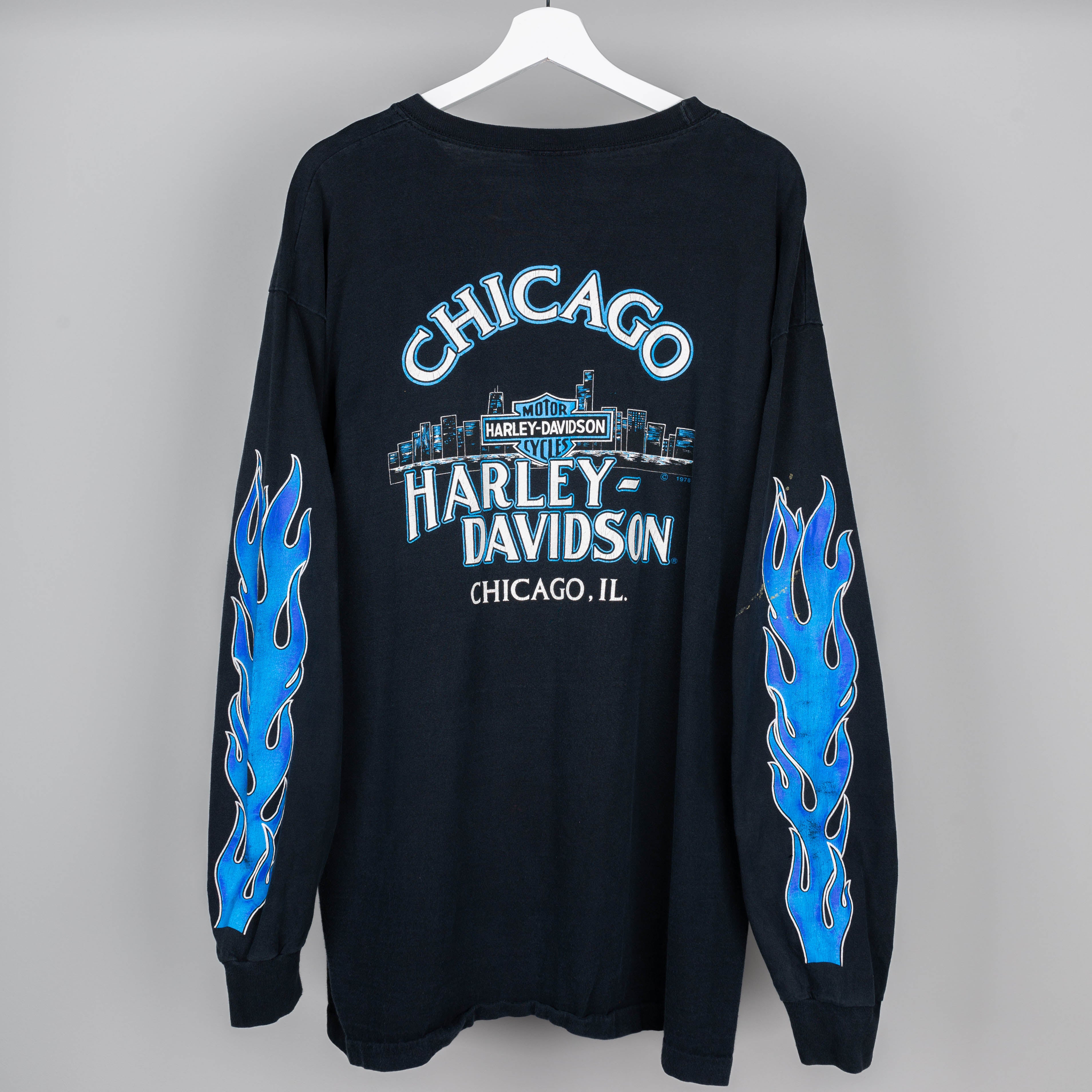 1995 Harley Davidson Chicago IL Blue Flame Long Sleeve Shirt Size XL